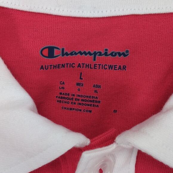 NWT Champion Men's L Logo Rugby Polo Shirt, Red White, Oversized Baggy Retro - Picture 2 of 6